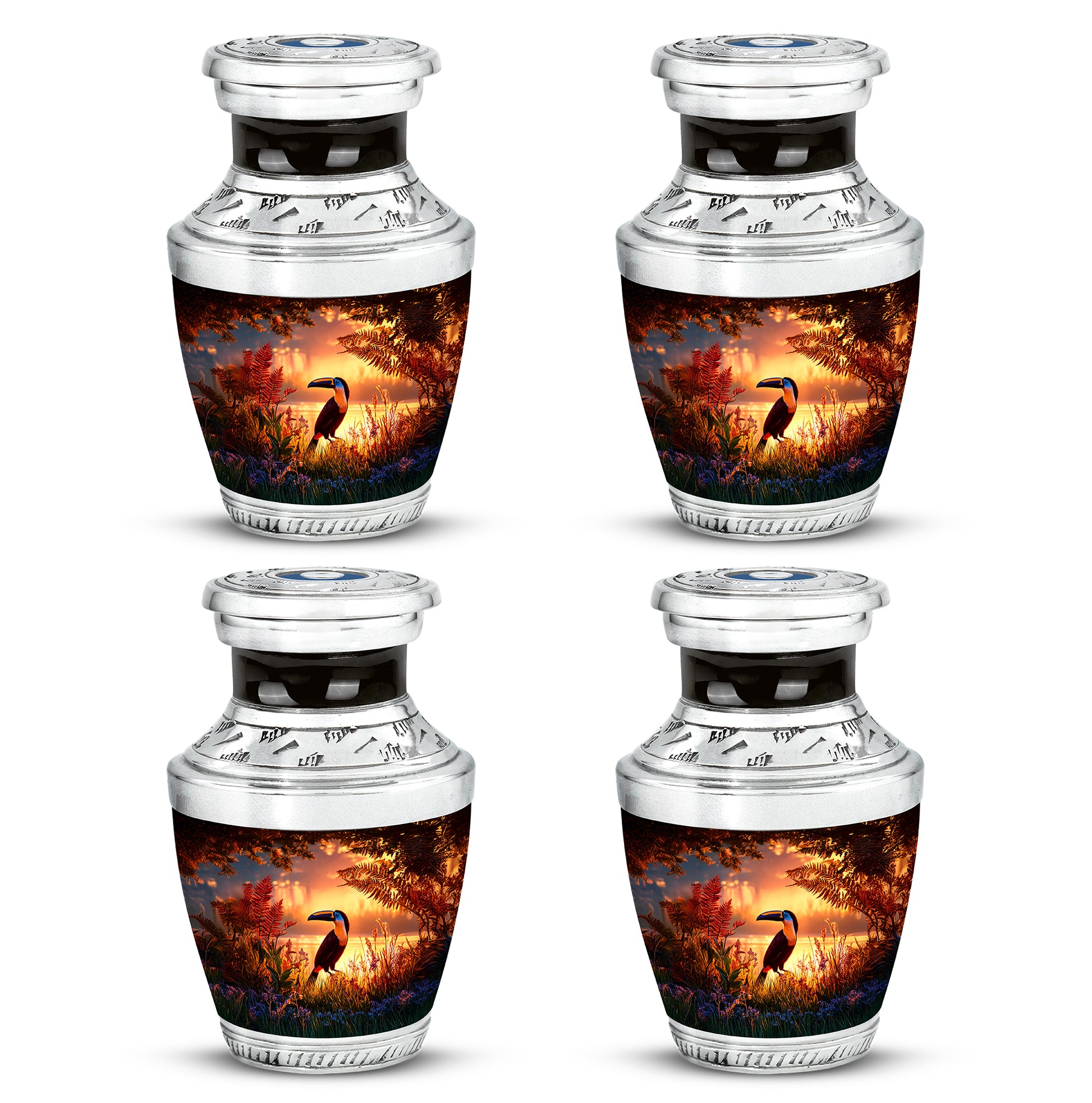 Wine Red Hornbill Cremation Urn back view with polished surface - modern art-inspired hornbill motif on sleek aluminum - 10 inch aluminum urn for cremated remains
