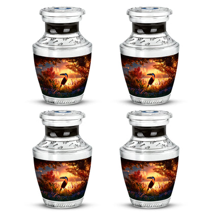 Wine Red Hornbill Cremation Urn back view with polished surface - modern art-inspired hornbill motif on sleek aluminum - 10 inch aluminum urn for cremated remains