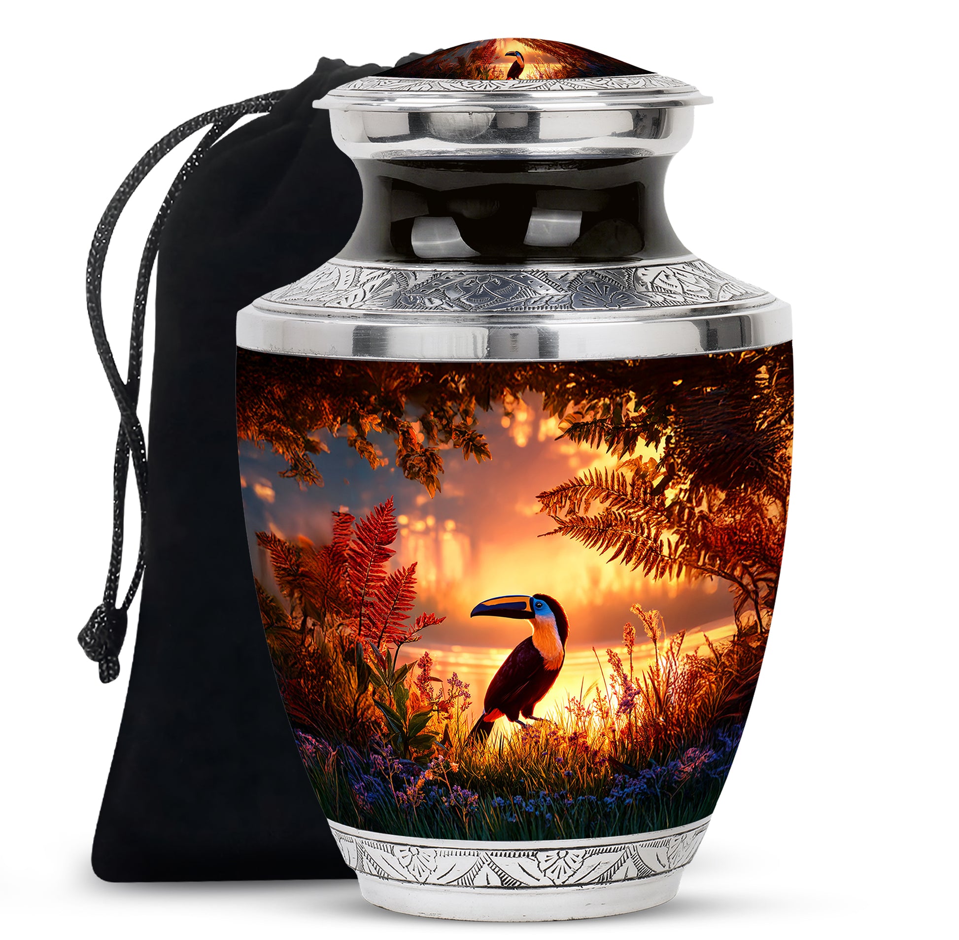 Scarlet Red Hornbill Cremation Urn side profile showing urn shape - artistic hornbill interpretation with creative detail - full-size 10 inch 200 cubic inch adult cremation urn