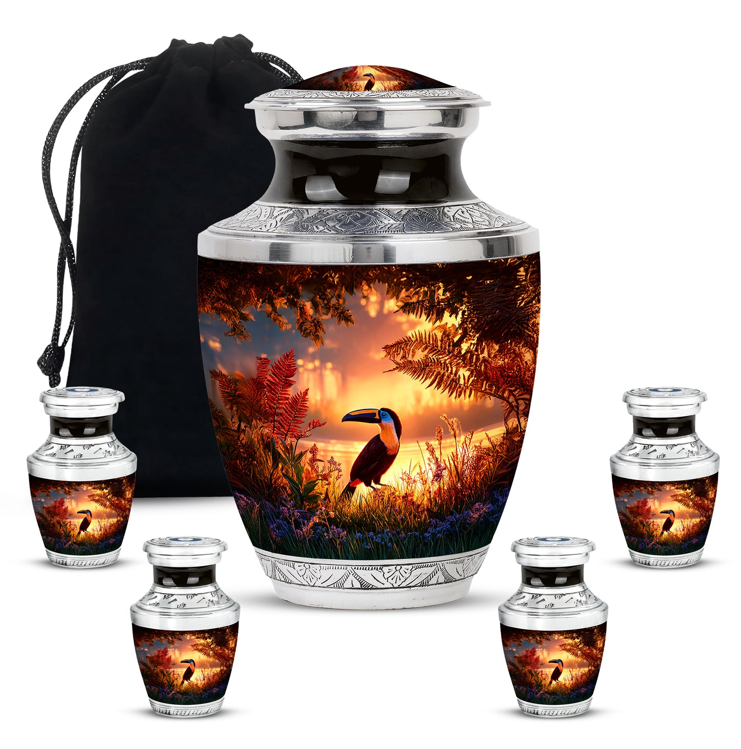 Wine Red Hornbill Cremation Urn lifestyle display on memorial shelf - contemporary hornbill design with modern artistic flair - memorial set with one large and four small urns