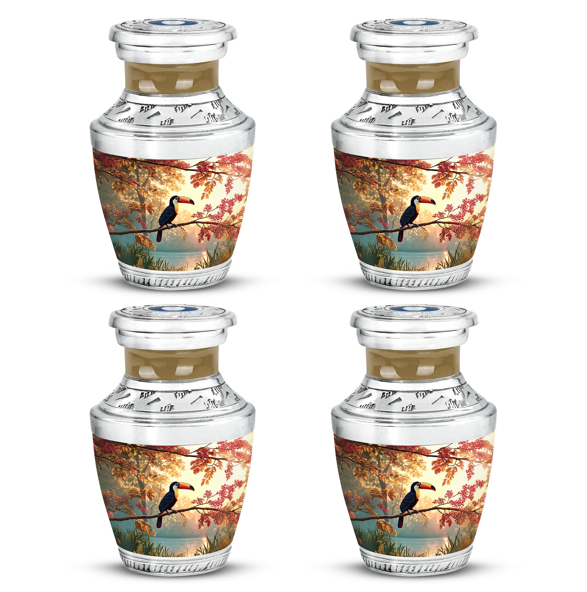 Burnished Gold Hornbill Cremation Urn back view with polished surface - stylized abstract hornbill pattern with bold lines - 10 inch aluminum urn for cremated remains