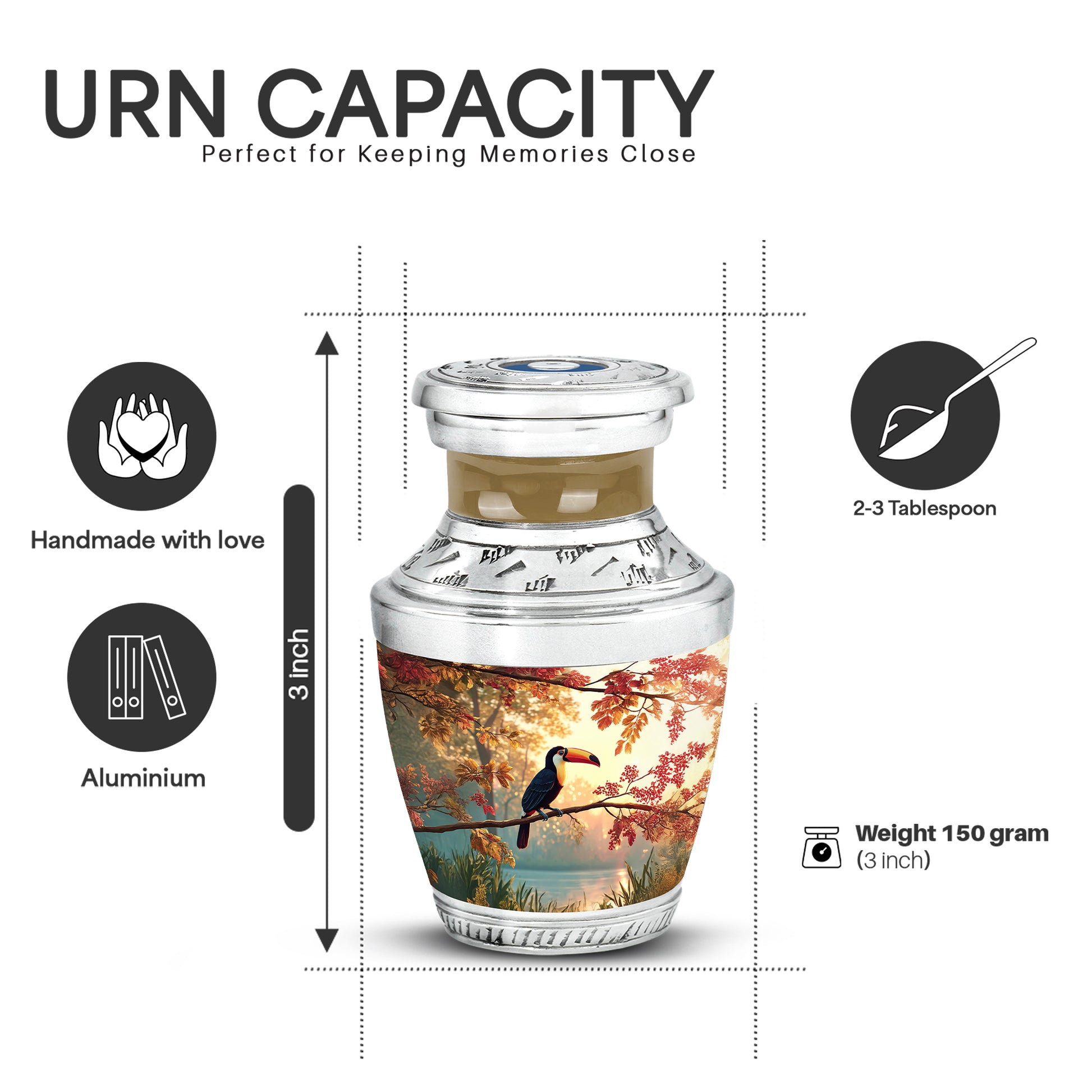 Burnished Gold Hornbill Cremation Urn top-down view of secure threaded lid - artistic hornbill interpretation with creative detail - mini keepsake memorial for portion of cremation ashes