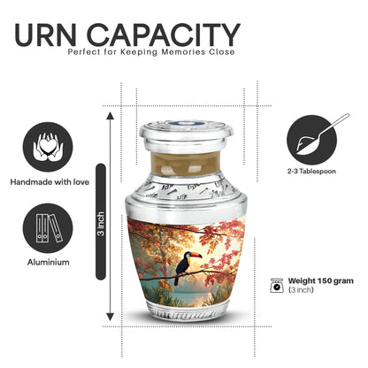 Burnished Gold Hornbill Cremation Urn top-down view of secure threaded lid - artistic hornbill interpretation with creative detail - mini keepsake memorial for portion of cremation ashes