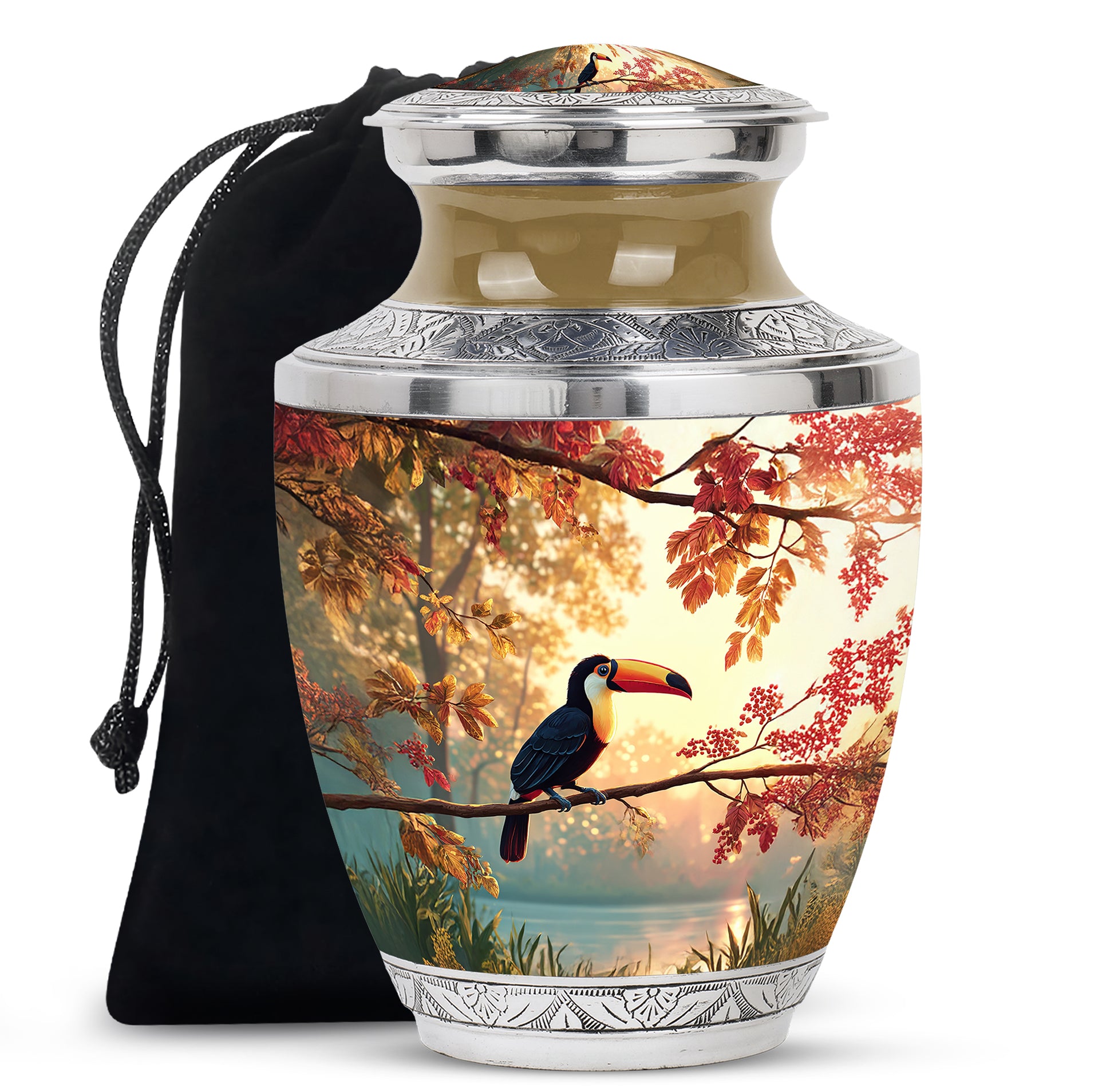 Sunrise Gold Hornbill Cremation Urn side profile showing urn shape - contemporary hornbill design with modern artistic flair - full-size 10 inch 200 cubic inch adult cremation urn