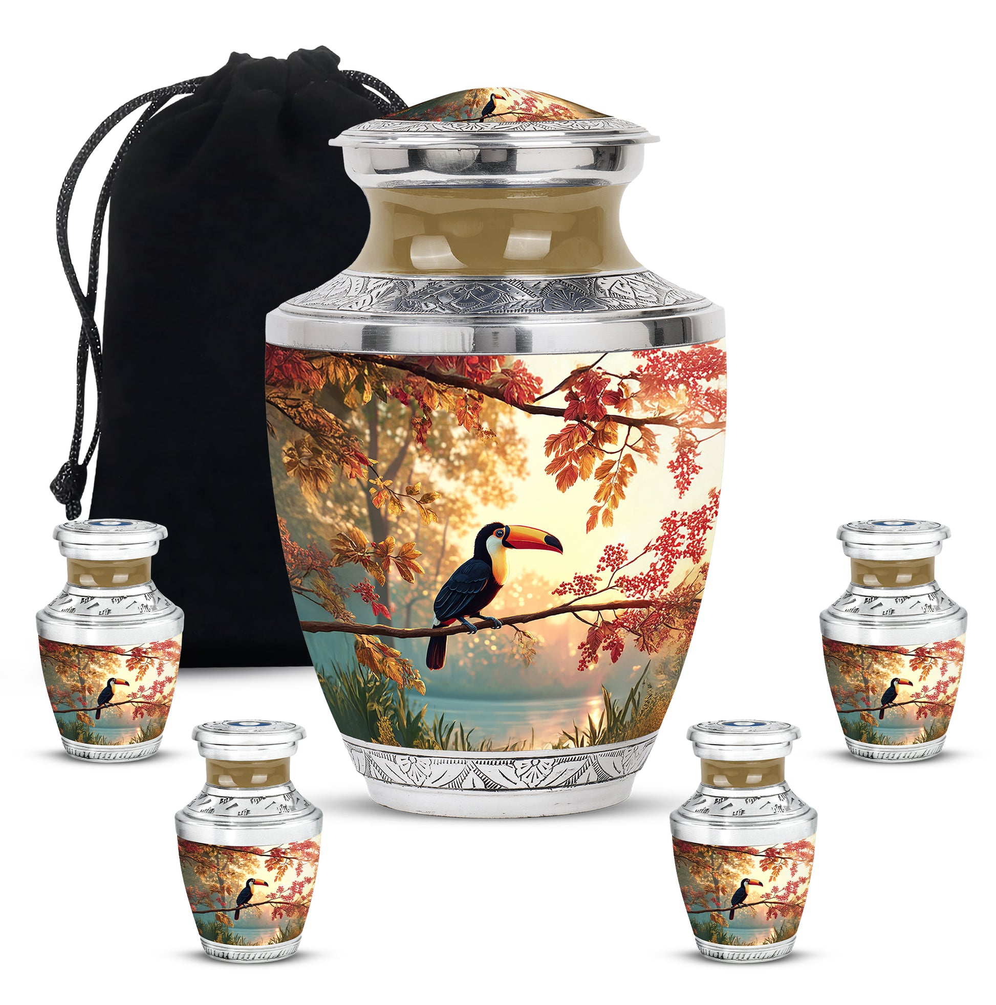 Matte Gold Hornbill Cremation Urn lifestyle display on memorial shelf - stylized abstract hornbill pattern with bold lines - memorial set with one large and four small urns