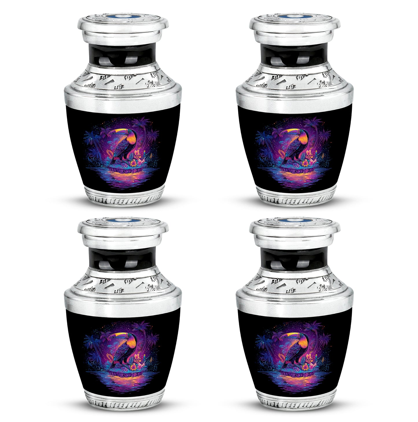 Midnight Black Hornbill Cremation Urn back view with polished surface - stylized abstract hornbill pattern with bold lines - 10 inch aluminum urn for cremated remains