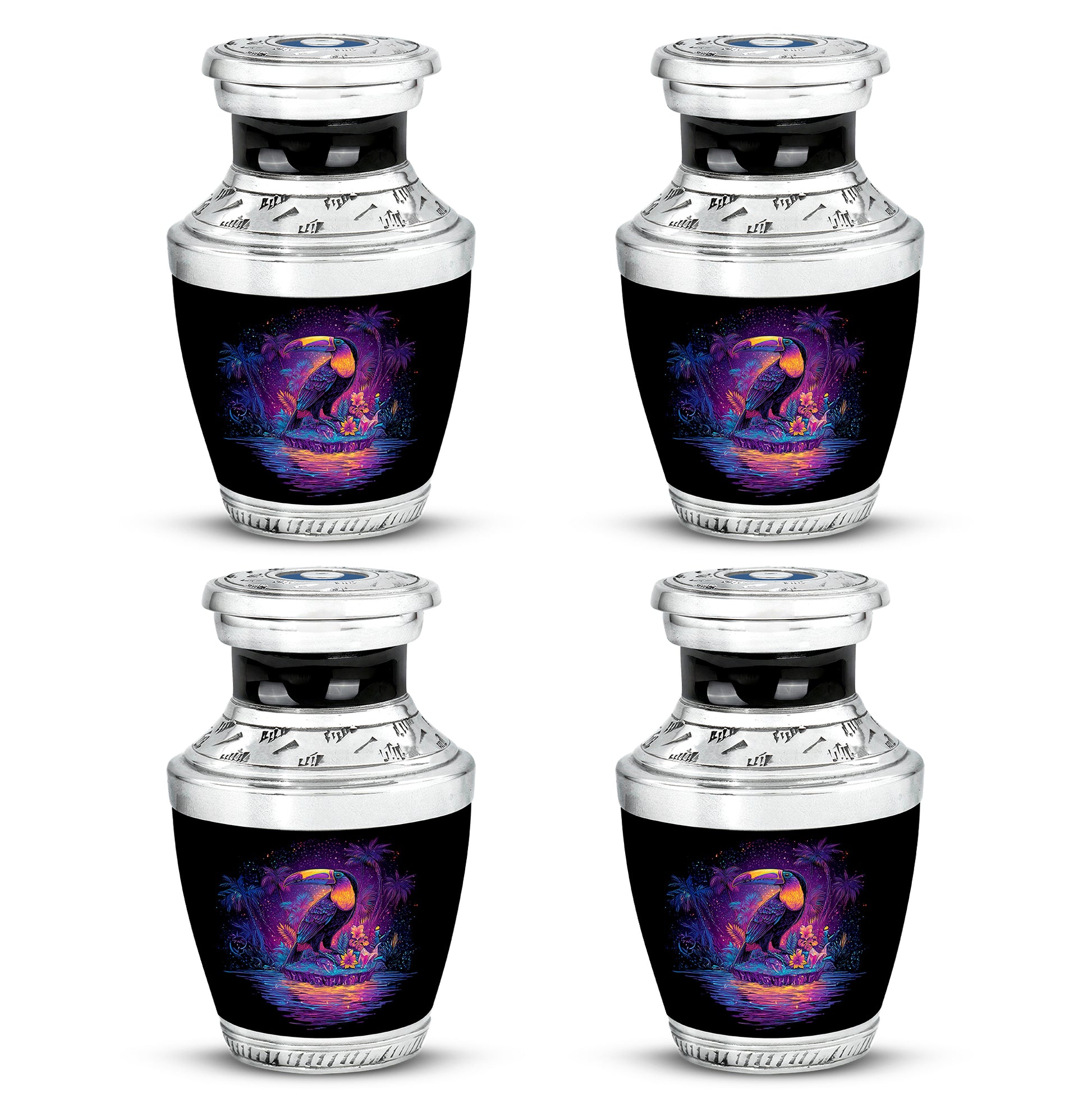 Midnight Black Hornbill Cremation Urn back view with polished surface - stylized abstract hornbill pattern with bold lines - 10 inch aluminum urn for cremated remains