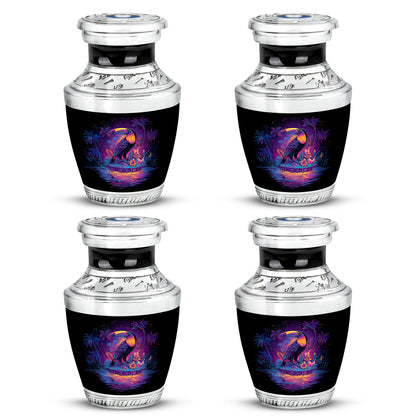 Midnight Black Hornbill Cremation Urn back view with polished surface - stylized abstract hornbill pattern with bold lines - 10 inch aluminum urn for cremated remains