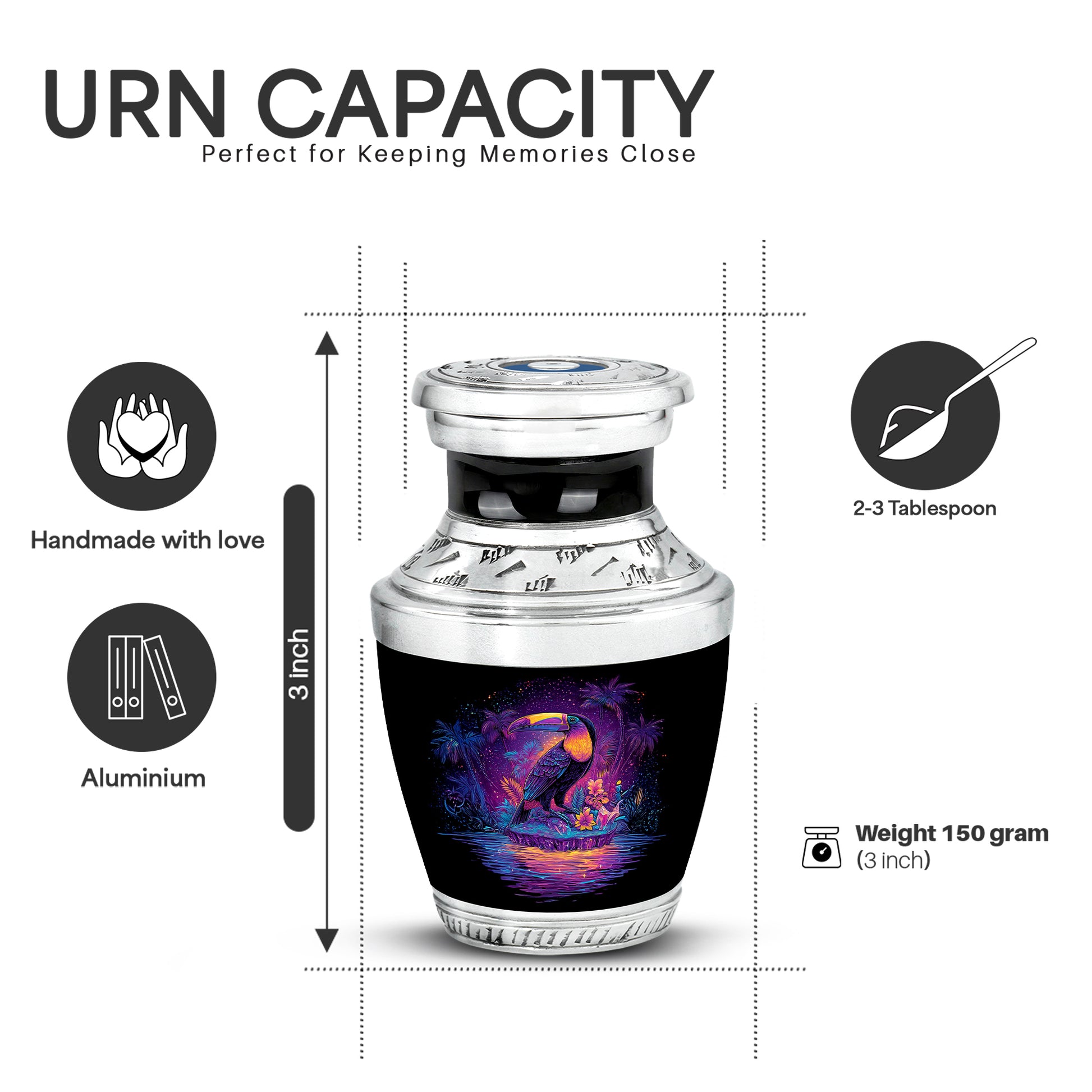 Onyx Black Hornbill Cremation Urn top-down view of secure threaded lid - artistic hornbill interpretation with creative detail - mini keepsake memorial for portion of cremation ashes