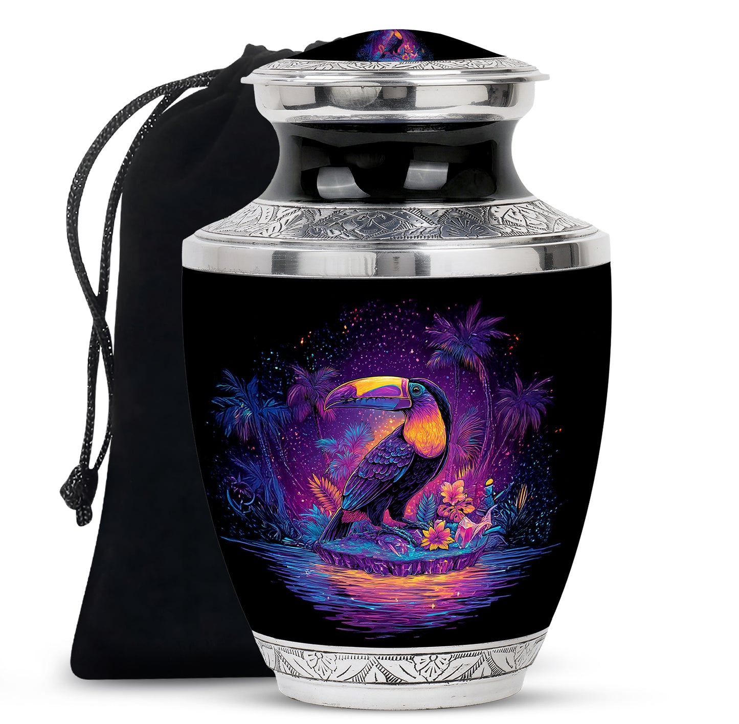 Dark Black Hornbill Cremation Urn side profile showing urn shape - stylized abstract hornbill pattern with bold lines - full-size 10 inch 200 cubic inch adult cremation urn
