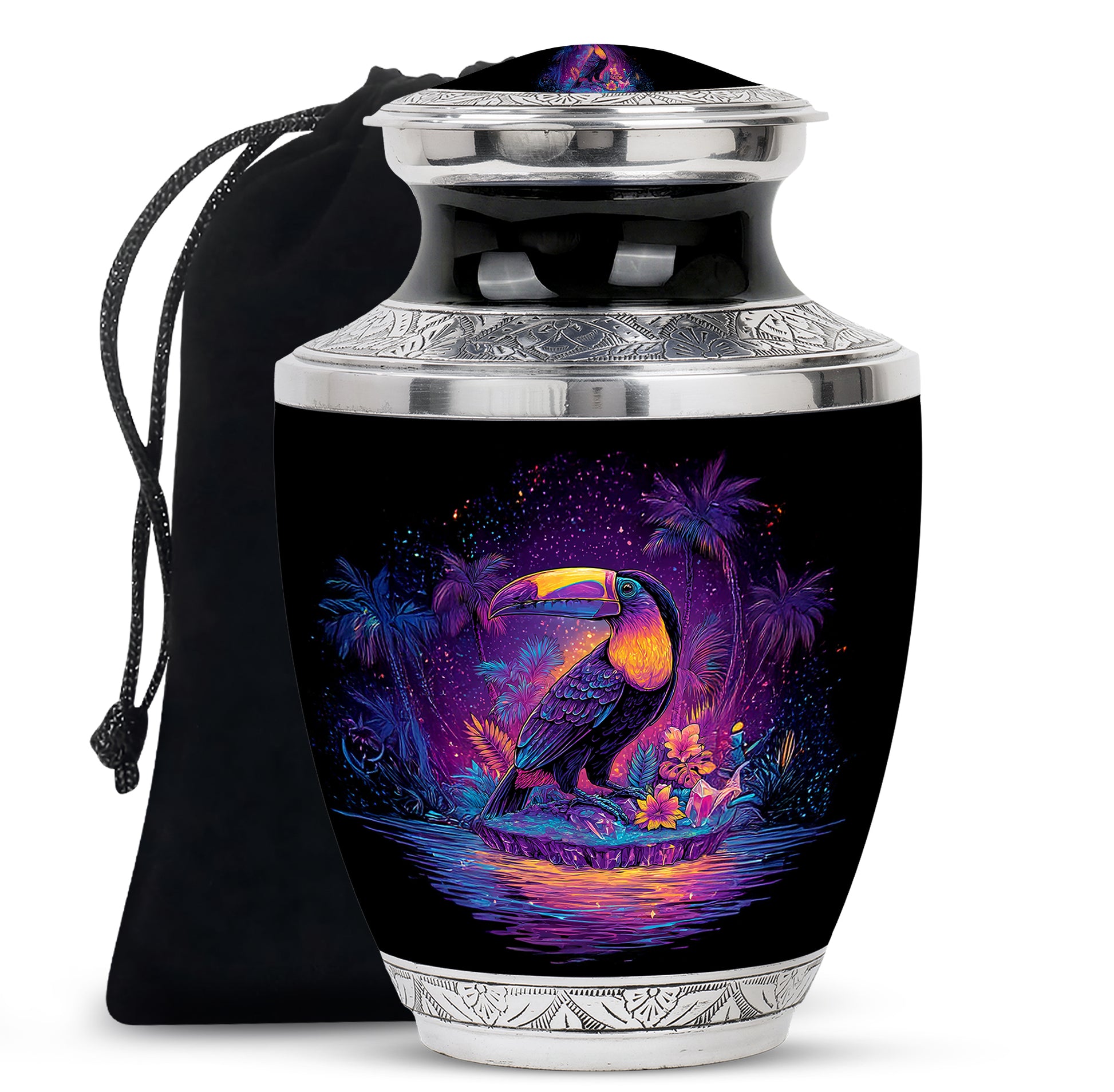 Dark Black Hornbill Cremation Urn side profile showing urn shape - stylized abstract hornbill pattern with bold lines - full-size 10 inch 200 cubic inch adult cremation urn