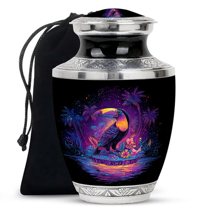 Dark Black Hornbill Cremation Urn side profile showing urn shape - stylized abstract hornbill pattern with bold lines - full-size 10 inch 200 cubic inch adult cremation urn
