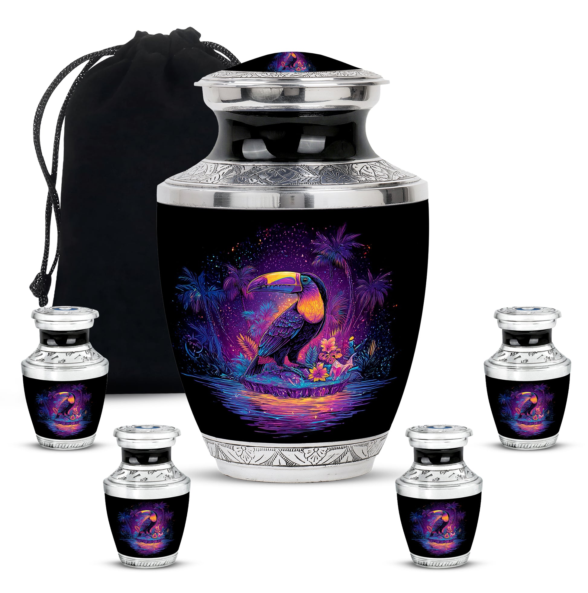 Ebony Hornbill Cremation Urn lifestyle display on memorial shelf - modern art-inspired hornbill motif on sleek aluminum - memorial set with one large and four small urns