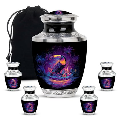 Ebony Hornbill Cremation Urn lifestyle display on memorial shelf - modern art-inspired hornbill motif on sleek aluminum - memorial set with one large and four small urns