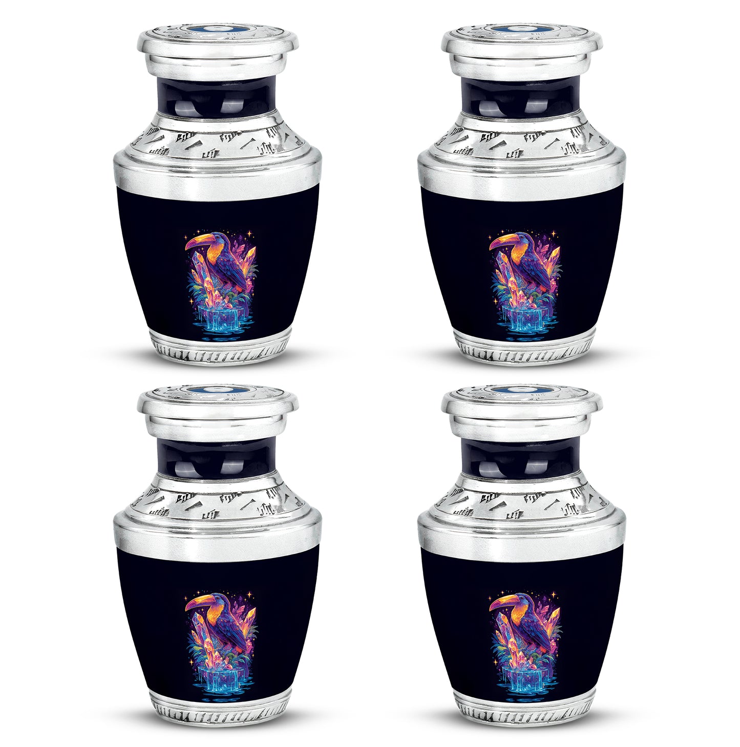 Indigo Hornbill Cremation Urn back view with polished surface - contemporary hornbill design with modern artistic flair - 10 inch aluminum urn for cremated remains