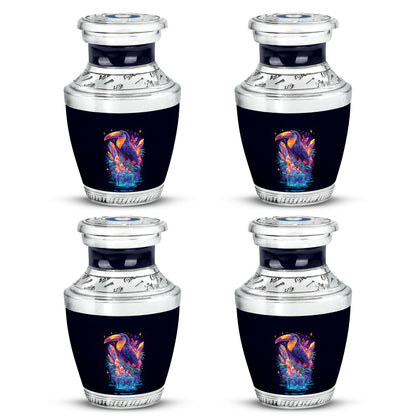 Indigo Hornbill Cremation Urn back view with polished surface - contemporary hornbill design with modern artistic flair - 10 inch aluminum urn for cremated remains