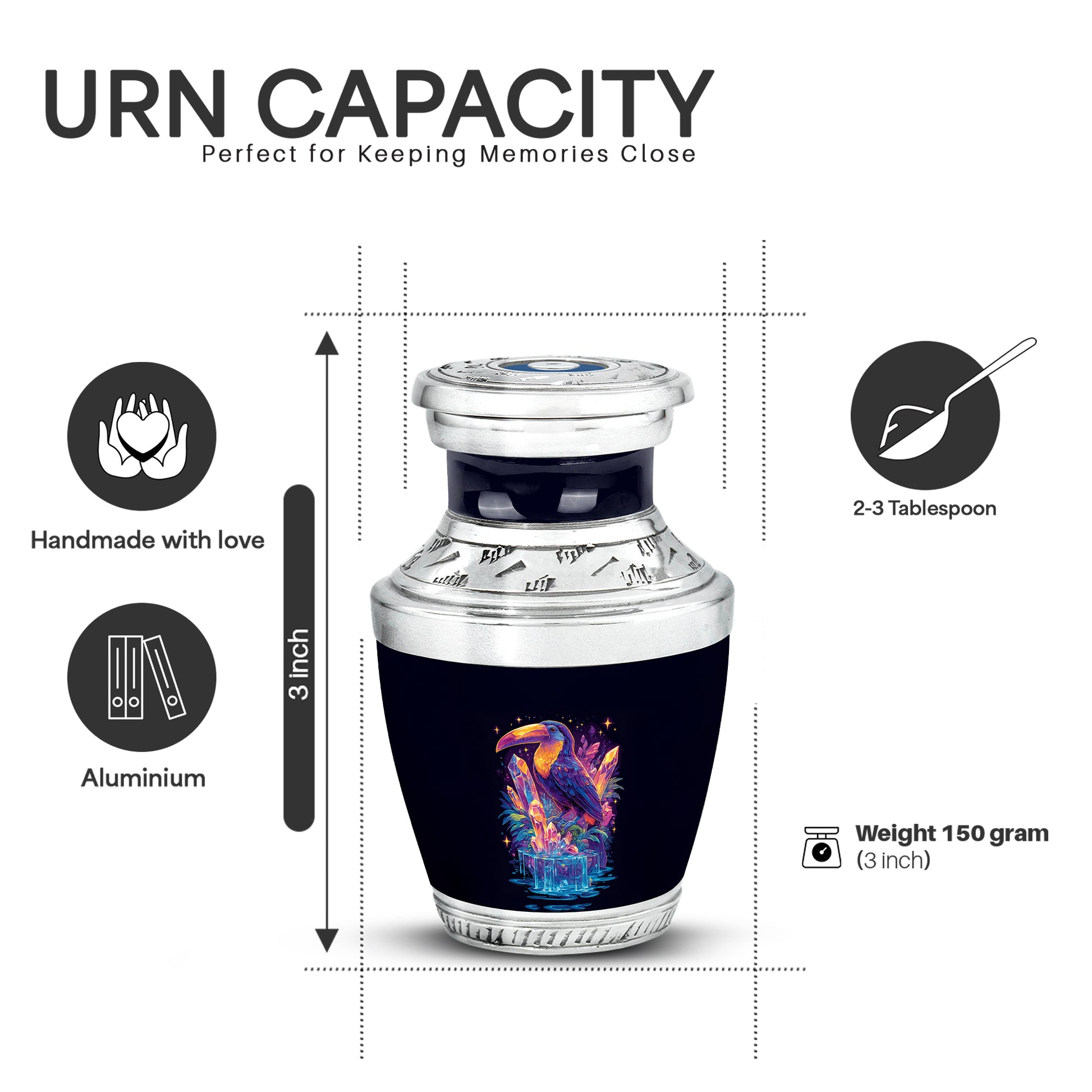 Celestial Blue Hornbill Cremation Urn top-down view of secure threaded lid - modern art-inspired hornbill motif on sleek aluminum - mini keepsake memorial for portion of cremation ashes