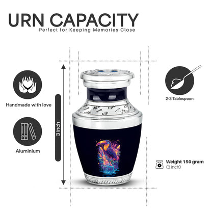 Celestial Blue Hornbill Cremation Urn top-down view of secure threaded lid - modern art-inspired hornbill motif on sleek aluminum - mini keepsake memorial for portion of cremation ashes