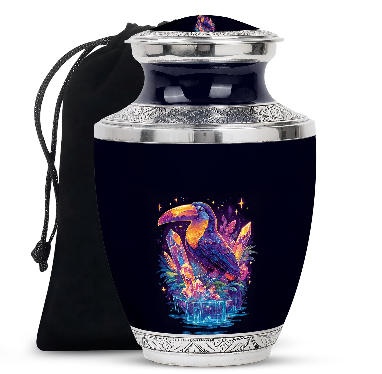 Vivid Blue Hornbill Cremation Urn side profile showing urn shape - artistic hornbill interpretation with creative detail - full-size 10 inch 200 cubic inch adult cremation urn