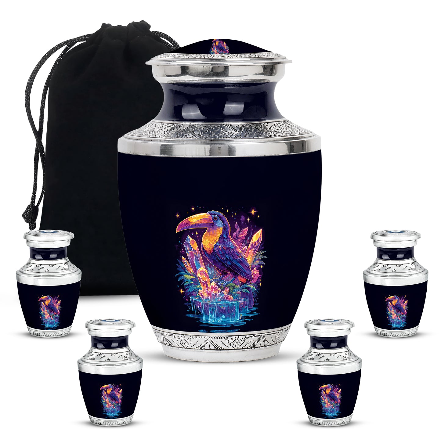 Icy Blue Hornbill Cremation Urn lifestyle display on memorial shelf - modern art-inspired hornbill motif on sleek aluminum - memorial set with one large and four small urns