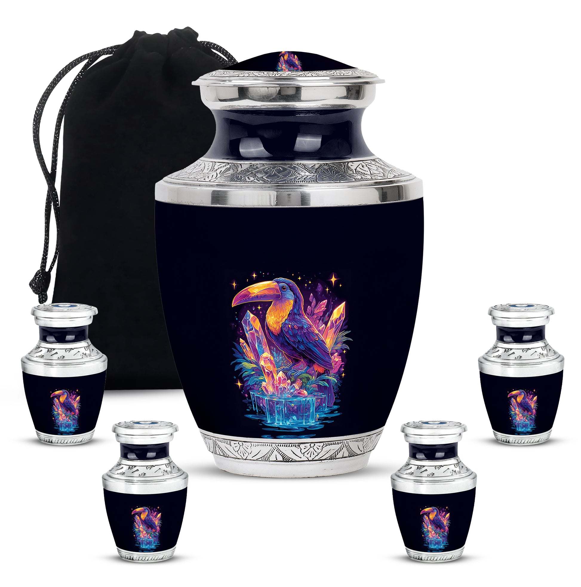 Icy Blue Hornbill Cremation Urn lifestyle display on memorial shelf - modern art-inspired hornbill motif on sleek aluminum - memorial set with one large and four small urns