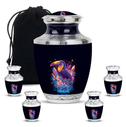 Icy Blue Hornbill Cremation Urn lifestyle display on memorial shelf - modern art-inspired hornbill motif on sleek aluminum - memorial set with one large and four small urns