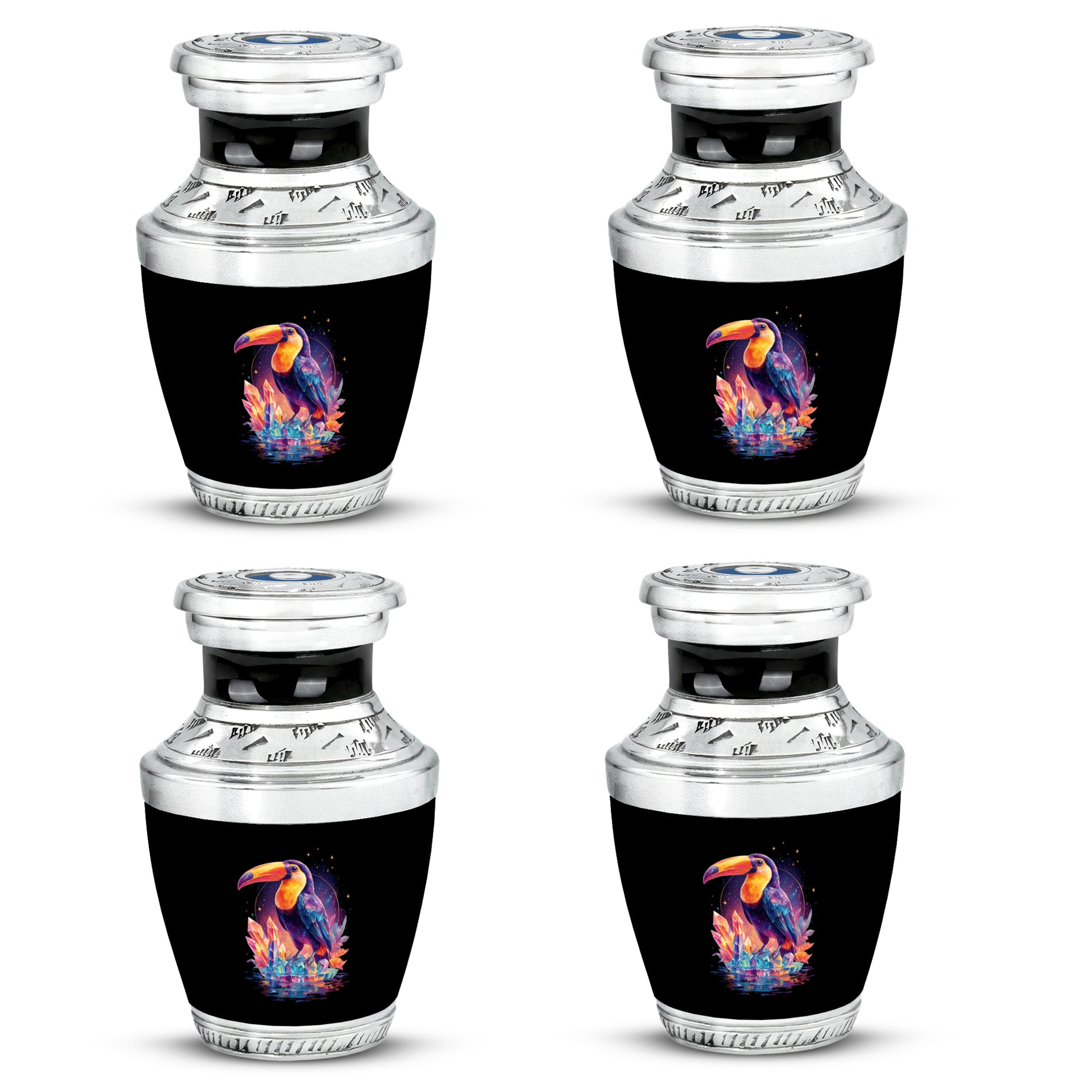Glossy Black Hornbill Cremation Urn back view with polished surface - contemporary hornbill design with modern artistic flair - 10 inch aluminum urn for cremated remains