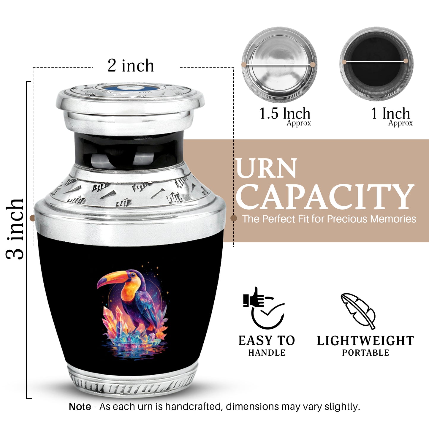 Onyx Black Hornbill Cremation Urn top-down view of secure threaded lid - stylized abstract hornbill pattern with bold lines - mini keepsake memorial for portion of cremation ashes