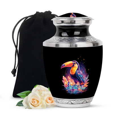 Rich Black Hornbill Cremation Urn side profile showing urn shape - modern art-inspired hornbill motif on sleek aluminum - full-size 10 inch 200 cubic inch adult cremation urn