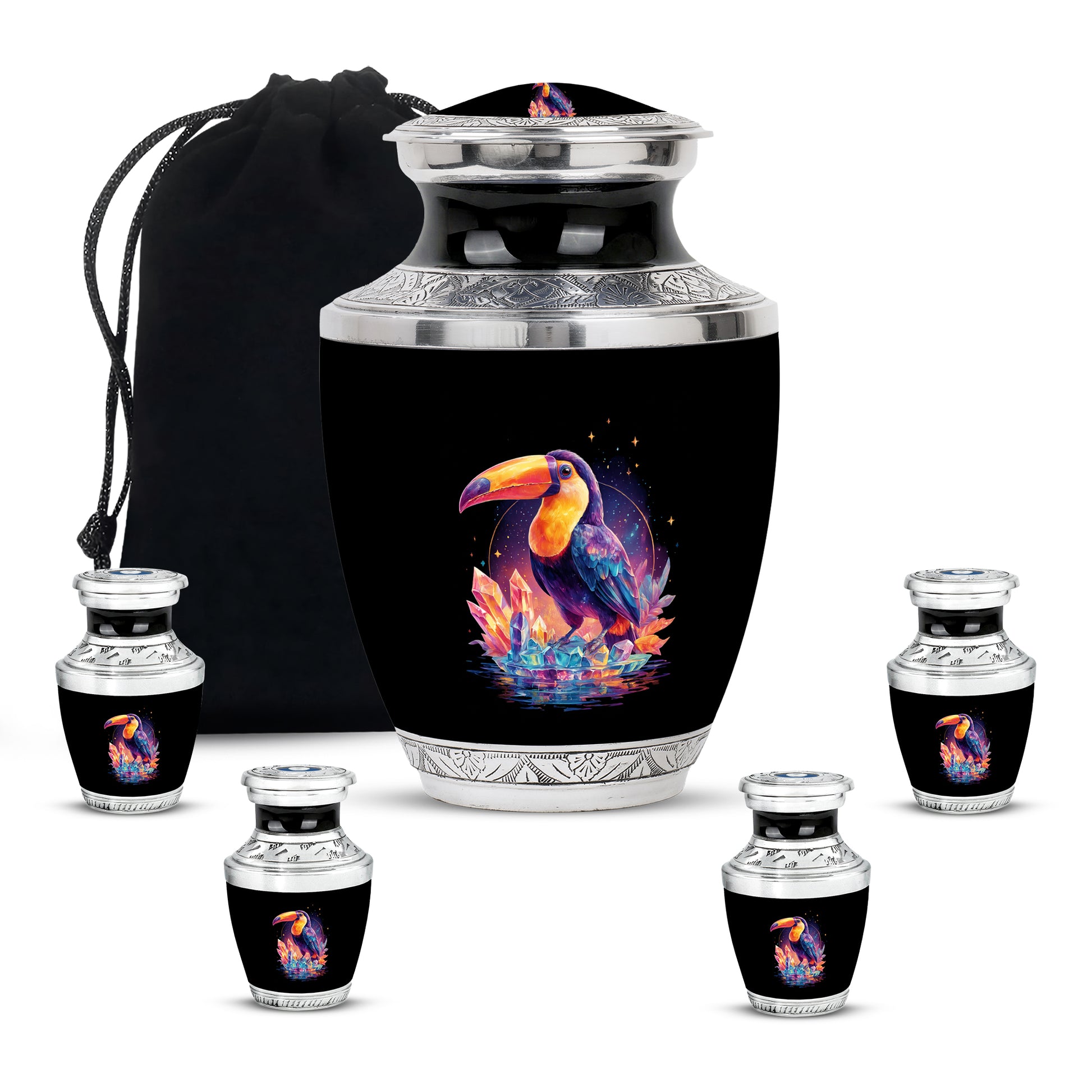 Dark Black Hornbill Cremation Urn lifestyle display on memorial shelf - artistic hornbill interpretation with creative detail - memorial set with one large and four small urns