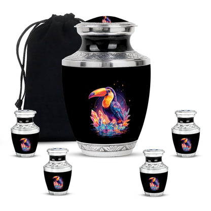 Dark Black Hornbill Cremation Urn lifestyle display on memorial shelf - artistic hornbill interpretation with creative detail - memorial set with one large and four small urns