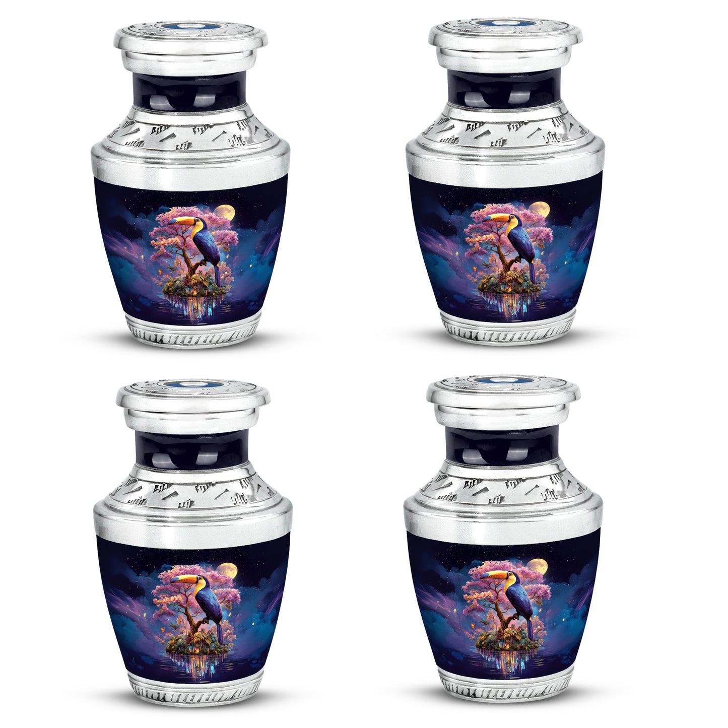 Calming Blue Hornbill Cremation Urn back view with polished surface - artistic hornbill interpretation with creative detail - 10 inch aluminum urn for cremated remains