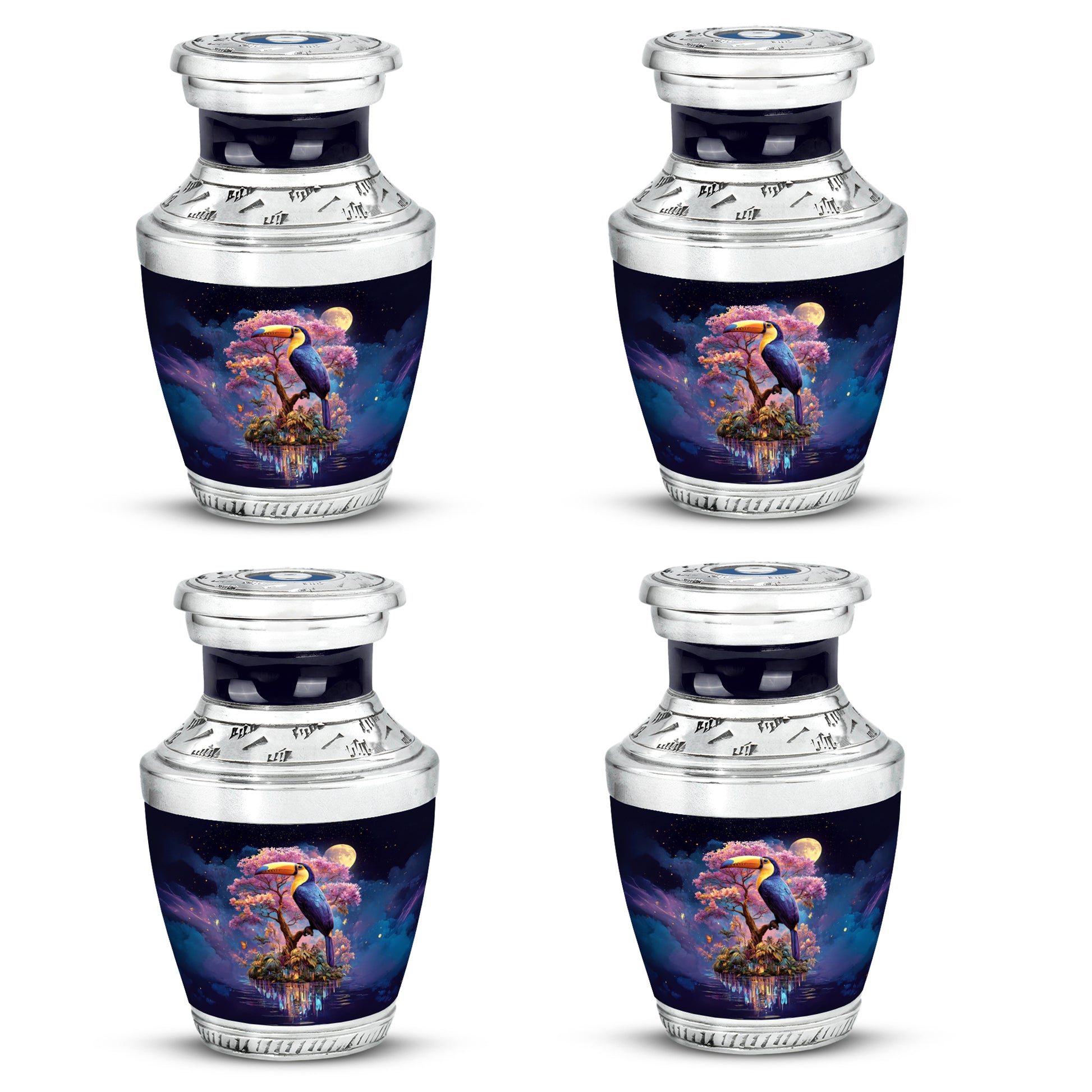 Calming Blue Hornbill Cremation Urn back view with polished surface - artistic hornbill interpretation with creative detail - 10 inch aluminum urn for cremated remains