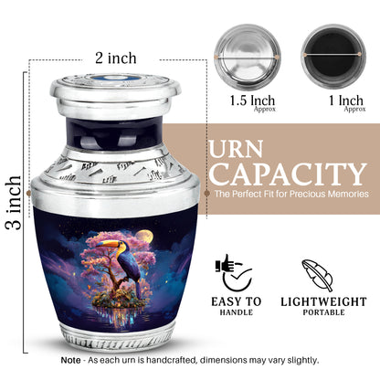 Steel Blue Hornbill Cremation Urn top-down view of secure threaded lid - artistic hornbill interpretation with creative detail - mini keepsake memorial for portion of cremation ashes