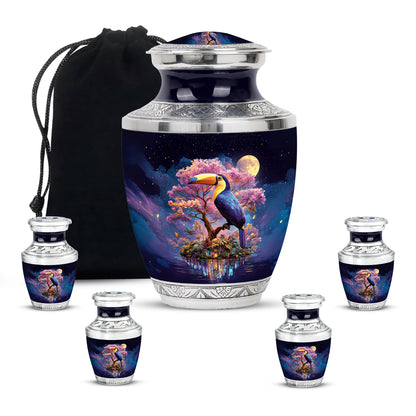 Azure Hornbill Cremation Urn lifestyle display on memorial shelf - modern art-inspired hornbill motif on sleek aluminum - memorial set with one large and four small urns