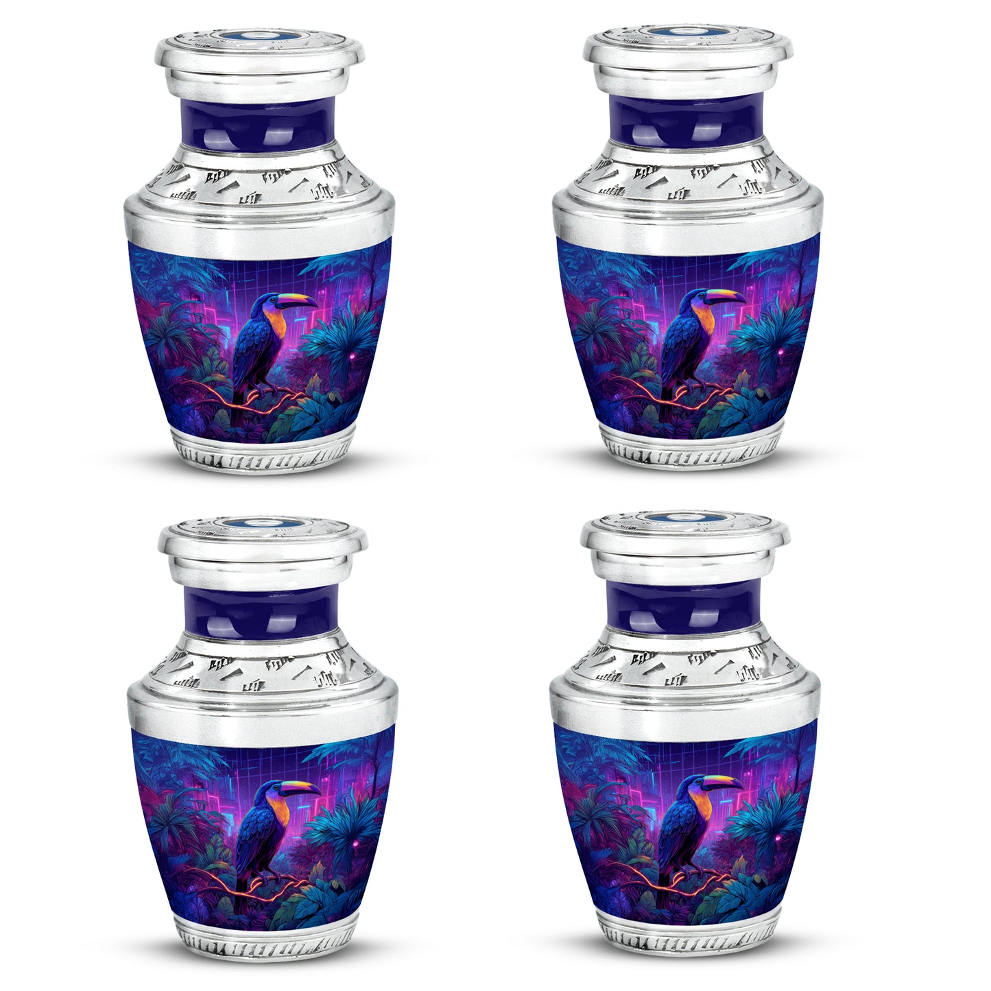 Azure Hornbill Cremation Urn back view with polished surface - modern art-inspired hornbill motif on sleek aluminum - 10 inch aluminum urn for cremated remains