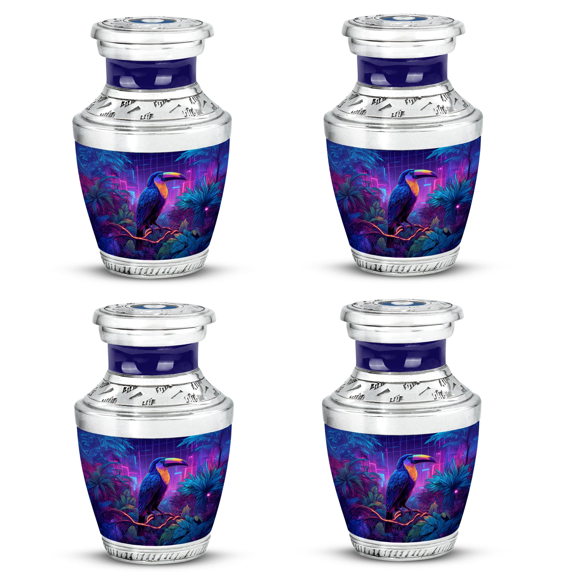 Azure Hornbill Cremation Urn back view with polished surface - modern art-inspired hornbill motif on sleek aluminum - 10 inch aluminum urn for cremated remains