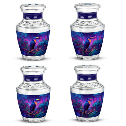 Azure Hornbill Cremation Urn back view with polished surface - modern art-inspired hornbill motif on sleek aluminum - 10 inch aluminum urn for cremated remains