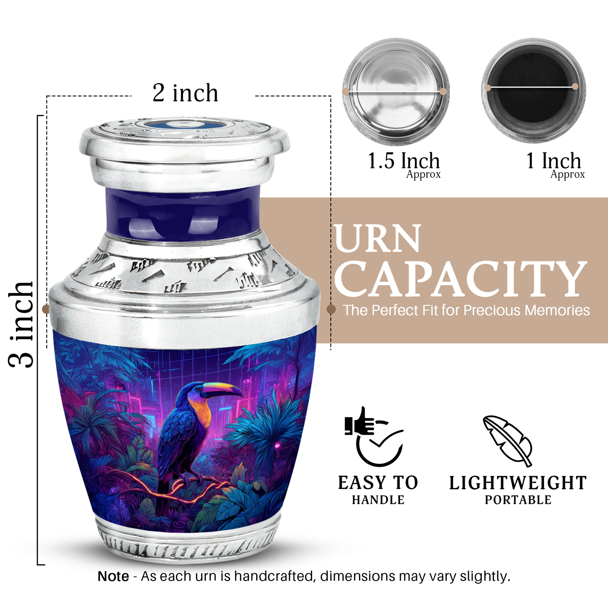 Dusty Blue Hornbill Cremation Urn top-down view of secure threaded lid - contemporary hornbill design with modern artistic flair - mini keepsake memorial for portion of cremation ashes