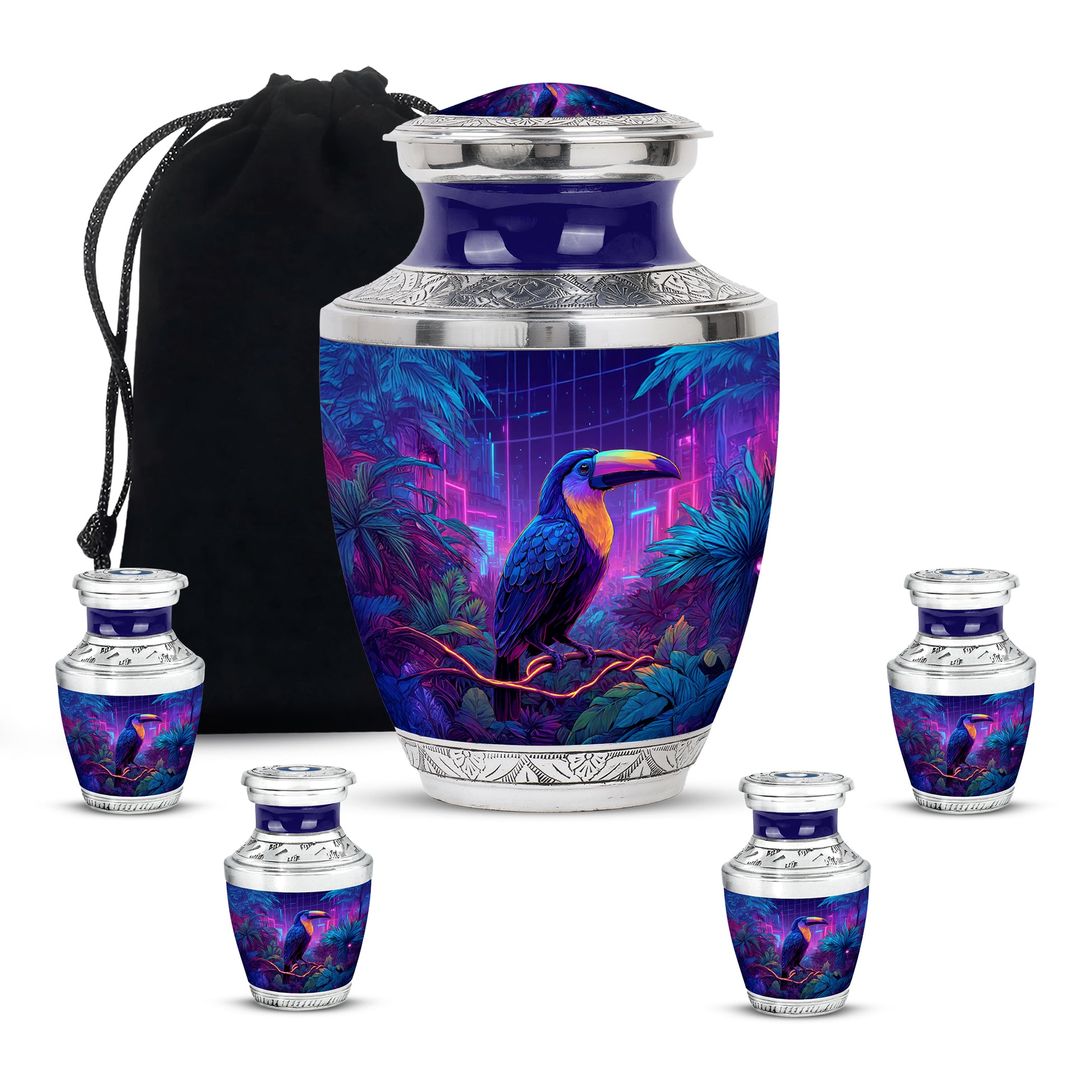 Royal Blue Hornbill Cremation Urn lifestyle display on memorial shelf - stylized abstract hornbill pattern with bold lines - memorial set with one large and four small urns