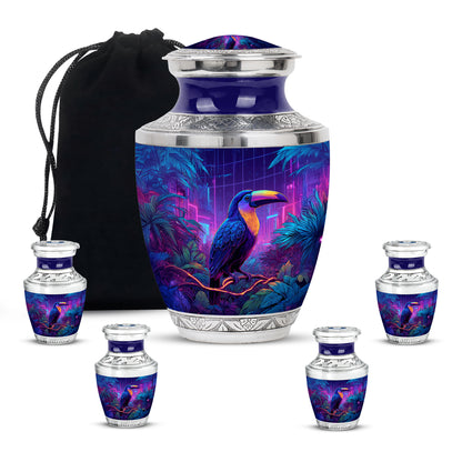 Royal Blue Hornbill Cremation Urn lifestyle display on memorial shelf - stylized abstract hornbill pattern with bold lines - memorial set with one large and four small urns