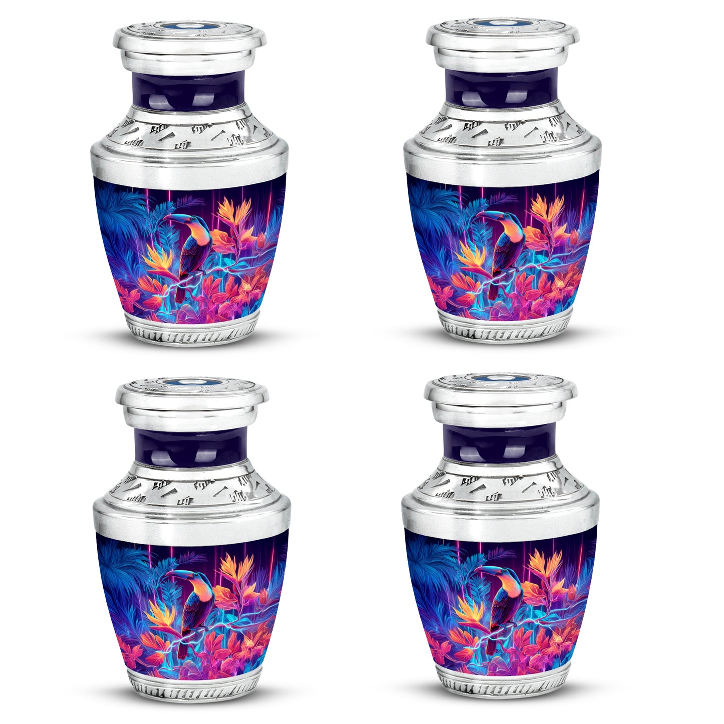 Majestic Purple Hornbill Cremation Urn back view with polished surface - modern art-inspired hornbill motif on sleek aluminum - 10 inch aluminum urn for cremated remains