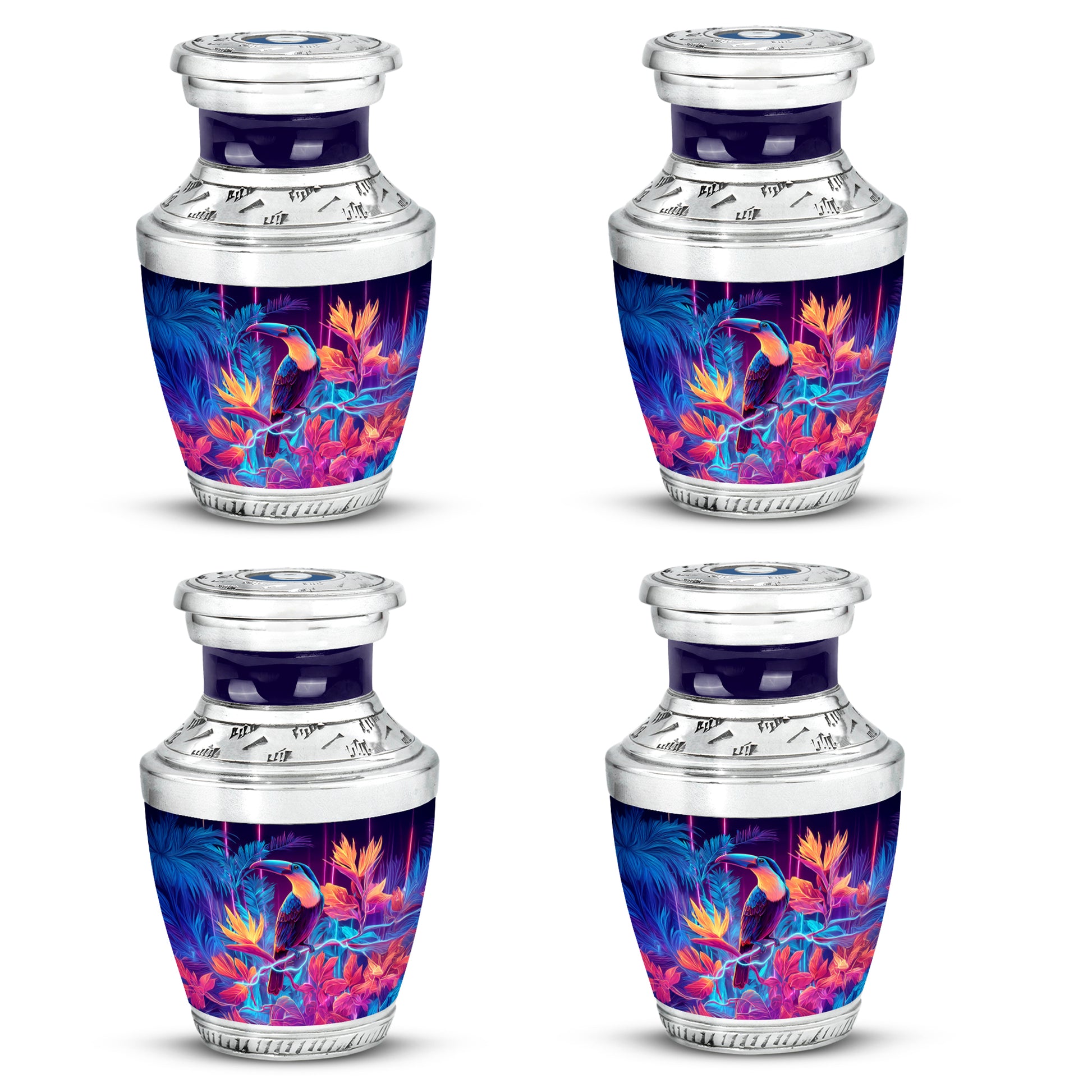 Majestic Purple Hornbill Cremation Urn back view with polished surface - modern art-inspired hornbill motif on sleek aluminum - 10 inch aluminum urn for cremated remains