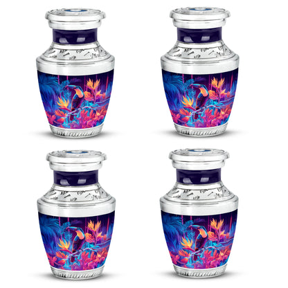 Majestic Purple Hornbill Cremation Urn back view with polished surface - modern art-inspired hornbill motif on sleek aluminum - 10 inch aluminum urn for cremated remains