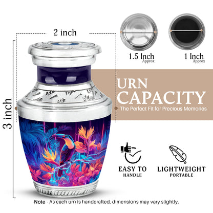 Majestic Purple Hornbill Cremation Urn top-down view of secure threaded lid - modern art-inspired hornbill motif on sleek aluminum - mini keepsake memorial for portion of cremation ashes