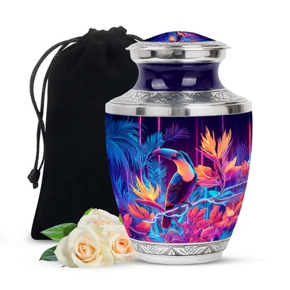 Majestic Purple Hornbill Cremation Urn side profile showing urn shape - contemporary hornbill design with modern artistic flair - full-size 10 inch 200 cubic inch adult cremation urn