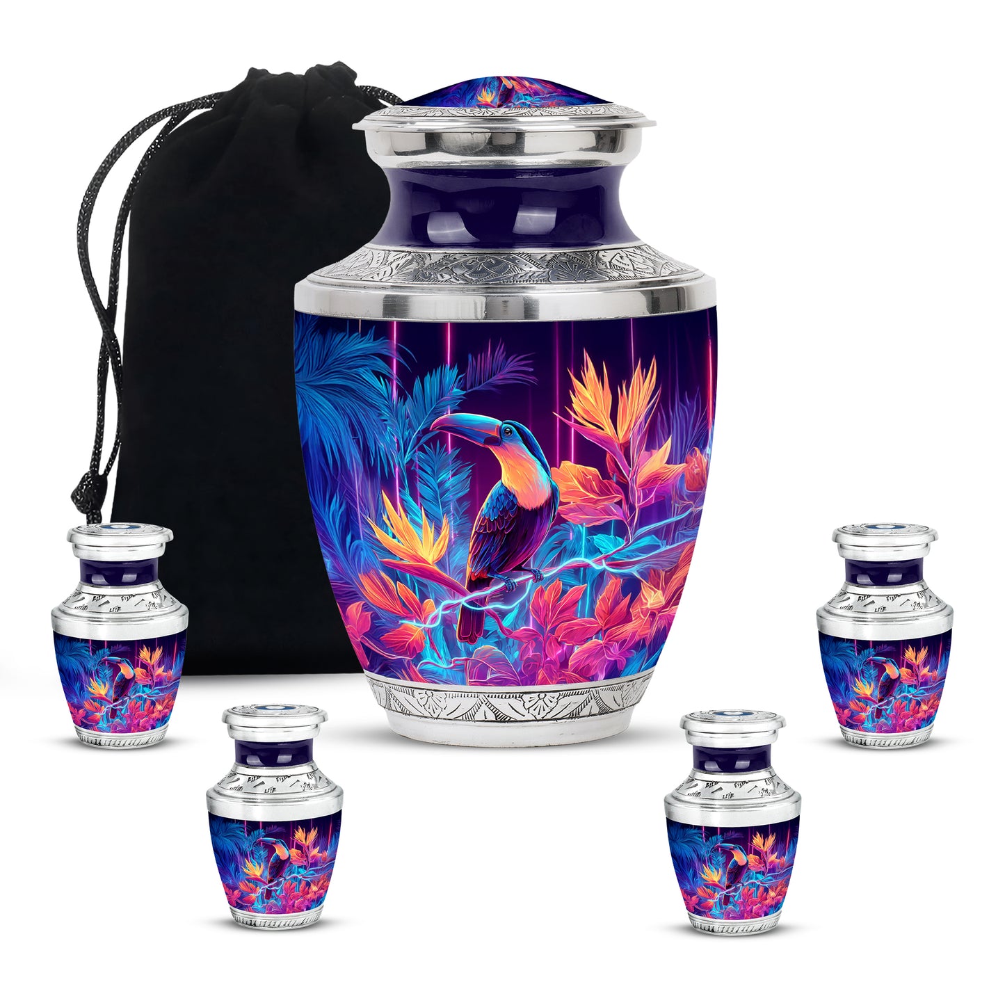Plum Purple Hornbill Cremation Urn lifestyle display on memorial shelf - modern art-inspired hornbill motif on sleek aluminum - memorial set with one large and four small urns