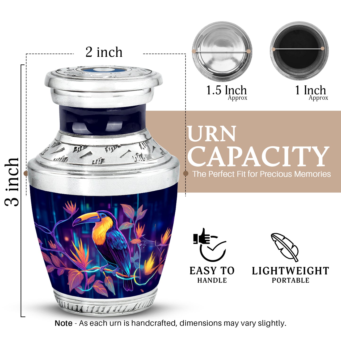 Icy Blue Hornbill Cremation Urn top-down view of secure threaded lid - modern art-inspired hornbill motif on sleek aluminum - mini keepsake memorial for portion of cremation ashes