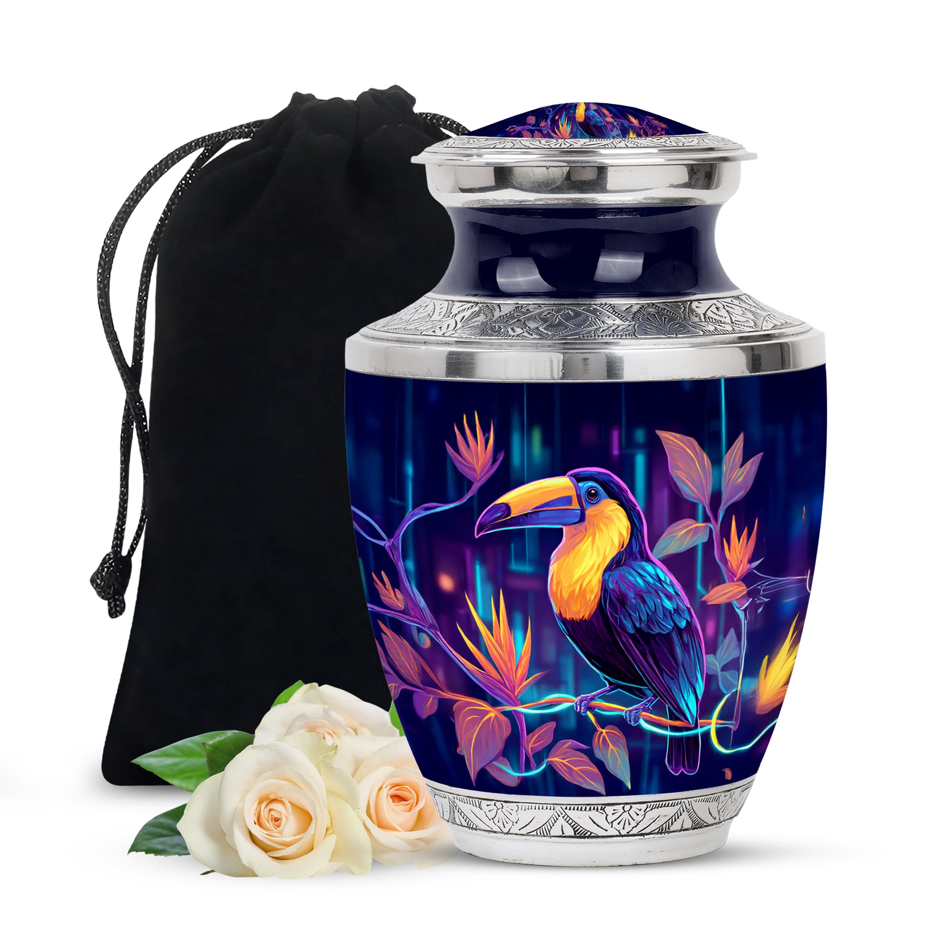 Calming Blue Hornbill Cremation Urn side profile showing urn shape - stylized abstract hornbill pattern with bold lines - full-size 10 inch 200 cubic inch adult cremation urn