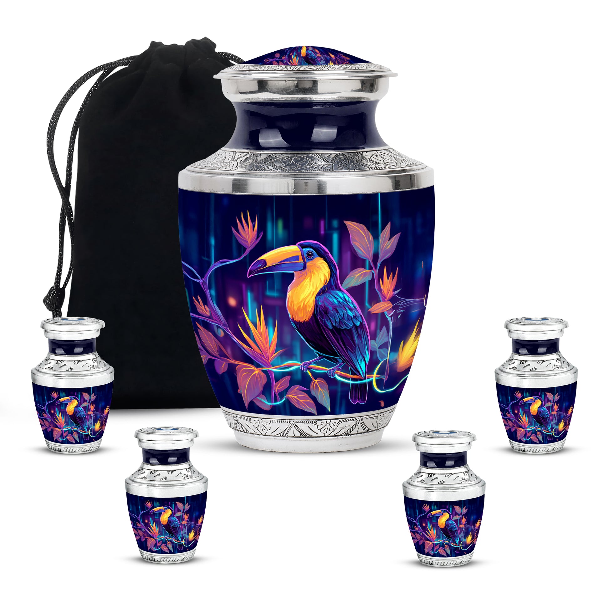 Indigo Hornbill Cremation Urn lifestyle display on memorial shelf - contemporary hornbill design with modern artistic flair - memorial set with one large and four small urns